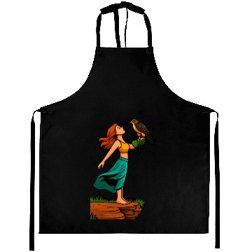 Discover Woman with Hawk on Arm in Nature Scene Aprons