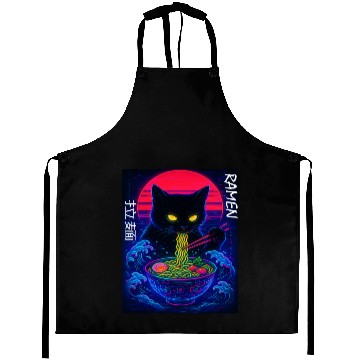 Discover Neon Black Cat Ramen Art Aprons