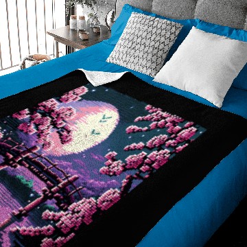 Discover 8 bit Retro Cherry Blossom Magic Riverside Bridge Moonlight Baby Blankets