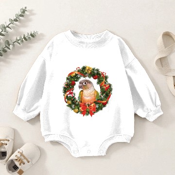 Discover Green Cheek Conure Parrot Christmas Wreath Pullover Baby Romper Sweatshirts