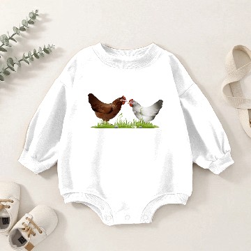 Discover two free range chickens on a green meadow Baby Romper Sweatshirts