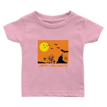 Discover Moonlit Haunted House Ghost Bat Cobweb Gravestone. Baby T-shirts