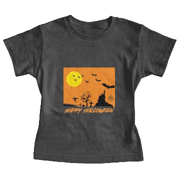 Discover Moonlit Haunted House Ghost Bat Cobweb Gravestone. Baby Tees