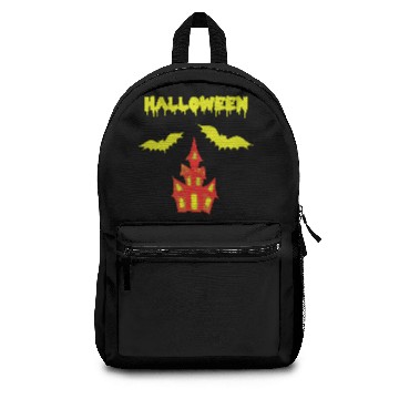 Discover Halloween scary castle bat yellow red Backpacks