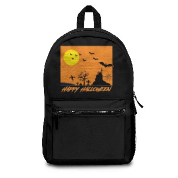 Discover Moonlit Haunted House Ghost Bat Cobweb Gravestone. Backpacks