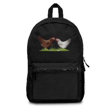 Discover two free range chickens on a green meadow Backpacks