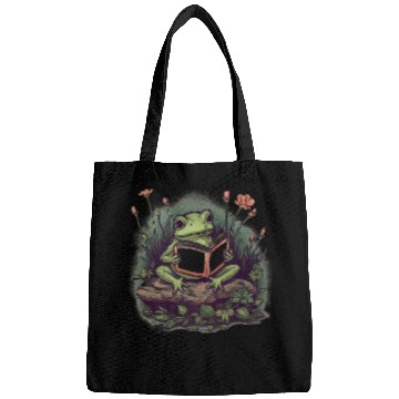 Discover Aesthetic Cottagecore Frog reading book Bags