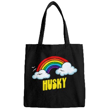 Discover Dog Husky Cute Funny Sarcastic Retro vintages 80s Rainbow Bags