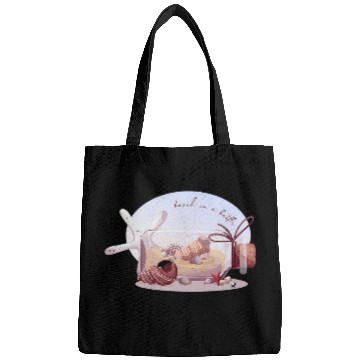 Discover Bottle with sand and seashells illustration Bags