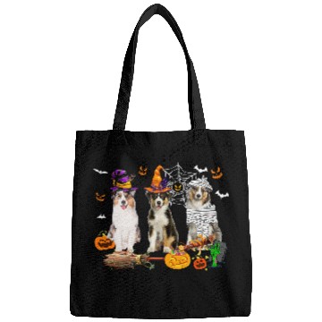 Discover Three Australian Shepherd Dogs Mummy Witch Scary Pumpkins Bags