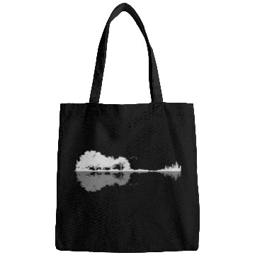 Discover Funny Guitar landscape skyline reflection trees city grey Bags