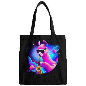 Discover Funny Saxophone Lama Llama Playing Saxophone in Space Outer Space Sax Llama Bags