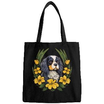 Discover Cavalier King Charles Spaniel Pet with daffodils Bags