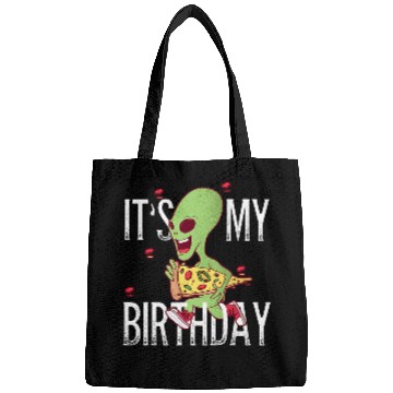 Discover Aliens UFO Alien running with a pizza Its My Birthday Bags