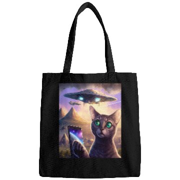 Discover Aliens UFO Funny Cat Selfie Galaxy Cat Bags