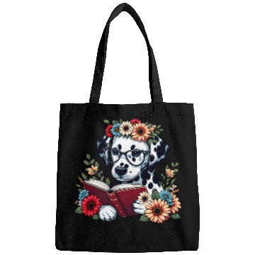 Discover Book Fun Funny Dalmatian Dog with flowers and read a book Bags