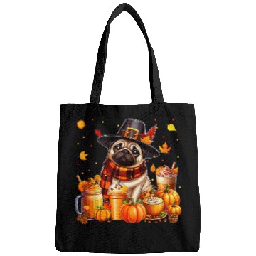 Discover Coffee Fun Pug Thanksgiving Drinks Coffee Fall Leaves Pumpkins Bags