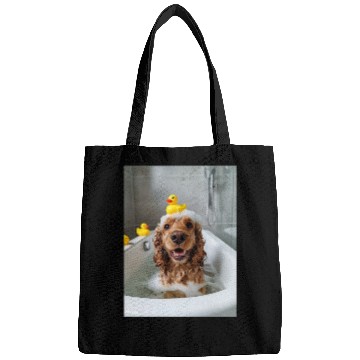 Discover Cocker Spaniel Dog Chilling in the Bath Tub Bags