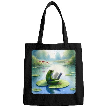 Discover Frog Reading Philosophy Book On Water Lily Pond Mirrored Bags