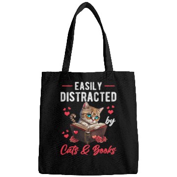 Discover Easily Distracted by Cats and Books Cat Book Lover Funny Bags