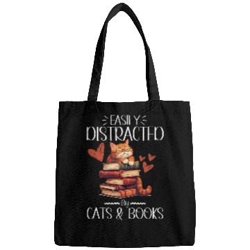 Discover Book Cat Lover Tee Easily Distracted By Cats Books Bags