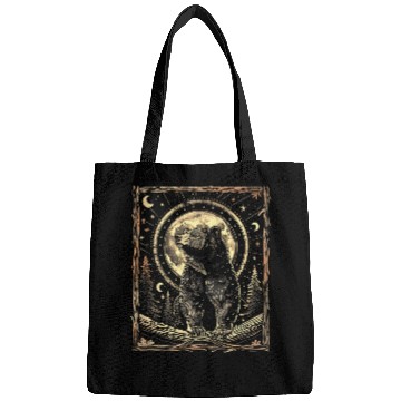 Discover Linocut Bear Drawing Cottagecore Moon Celestial Print Bags