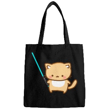 Discover Cute cat with blue lightsaber Bags