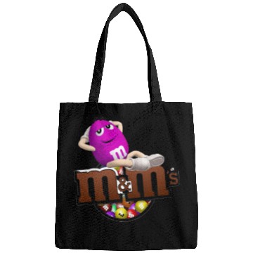 Discover Funny M&m’s man relaxing on her self Bags