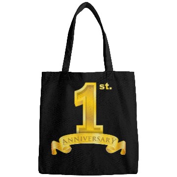 Discover first 1st anniversary. big number and ribbon text Bags