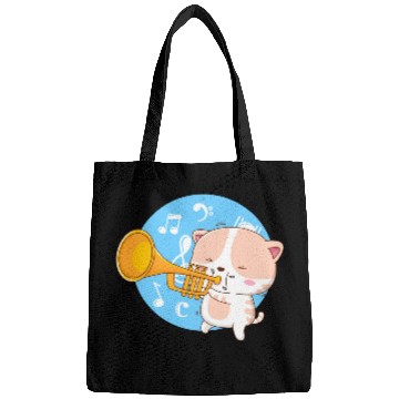 Discover Cute cat loves to play trumpet Bags