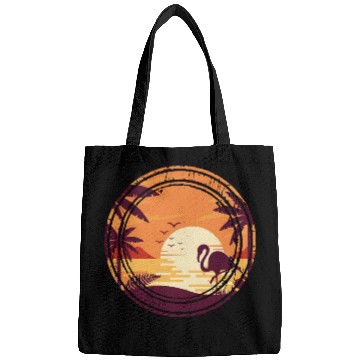 Discover Flamingo Retro Sunset , Beach, Palm Trees Bags