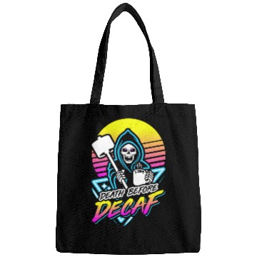Discover Death Before Decaf (Gym Reaper) Retro Neon Bags