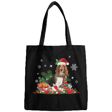 Discover Christmas Basset Hound wearing a Santa Claus Hat Bags