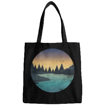 Discover Retro River With Forest And Birds In The Sunset Bags