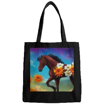 Discover Brown horse with orange white flowers drawing Bags