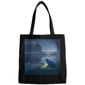Discover Blue Frog and Firefly on a pond at Night Bags