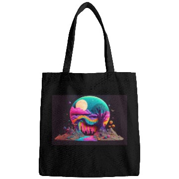 Discover Spooky Full Moon Psychedelic Landscape Paint Drips Bags