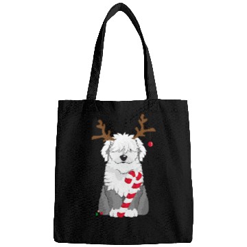 Discover Bobtail dog with candy cane and reindeer antlers Bags