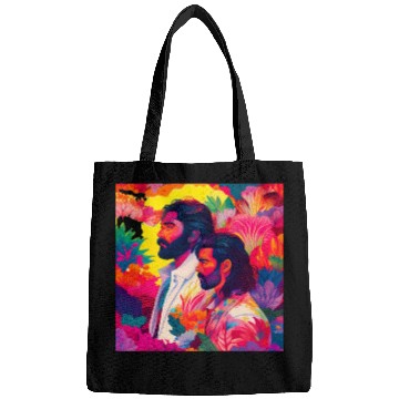 Discover Two men standing in colorful psychedelic nature Bags