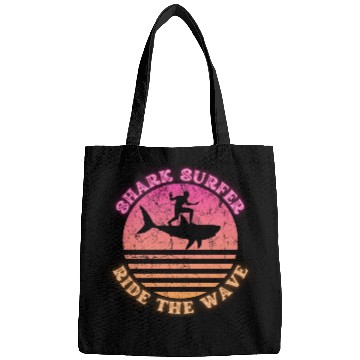 Discover Shark Surfer Ride the Wave Sunset Neon Bags