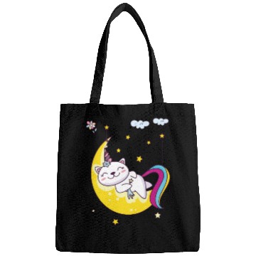 Discover Unicorn pony cat on the moon, magic sleeping time Bags