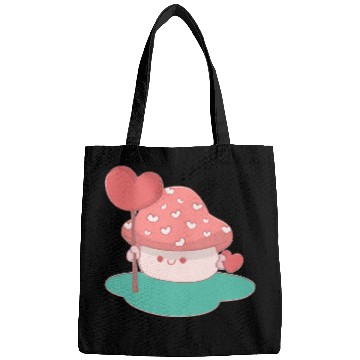 Discover cute little mushroom holding a candy heart Bags