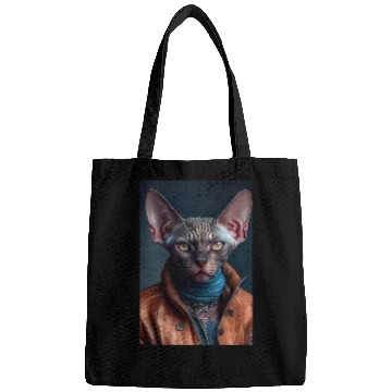 Discover Devon Rex Cat Breed Portrait wears a leather jacke Bags