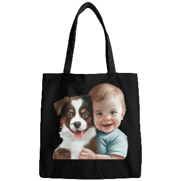Discover Sweet baby smiling with lovely puppy Bags