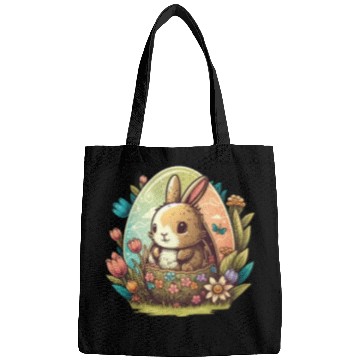 Discover Easter magic: cheerful bunny next to colorful eggs Bags