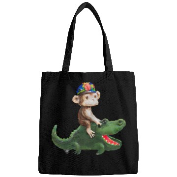Discover Funny monkey on crocodile design Bags