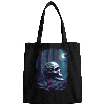 Discover Skull and rose moonlight gothic themed art Bags