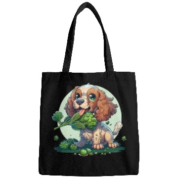 Discover Cute dog eats green broccoli vegetables Bags