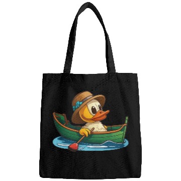 Discover Cute duck in rowboat with summer hat and flower Bags