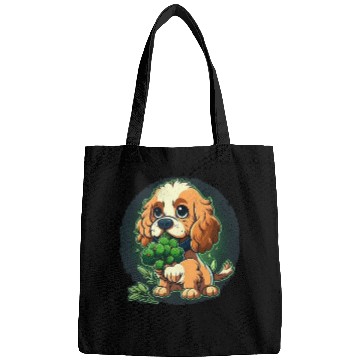 Discover Cute dog eats green broccoli vegetables Bags